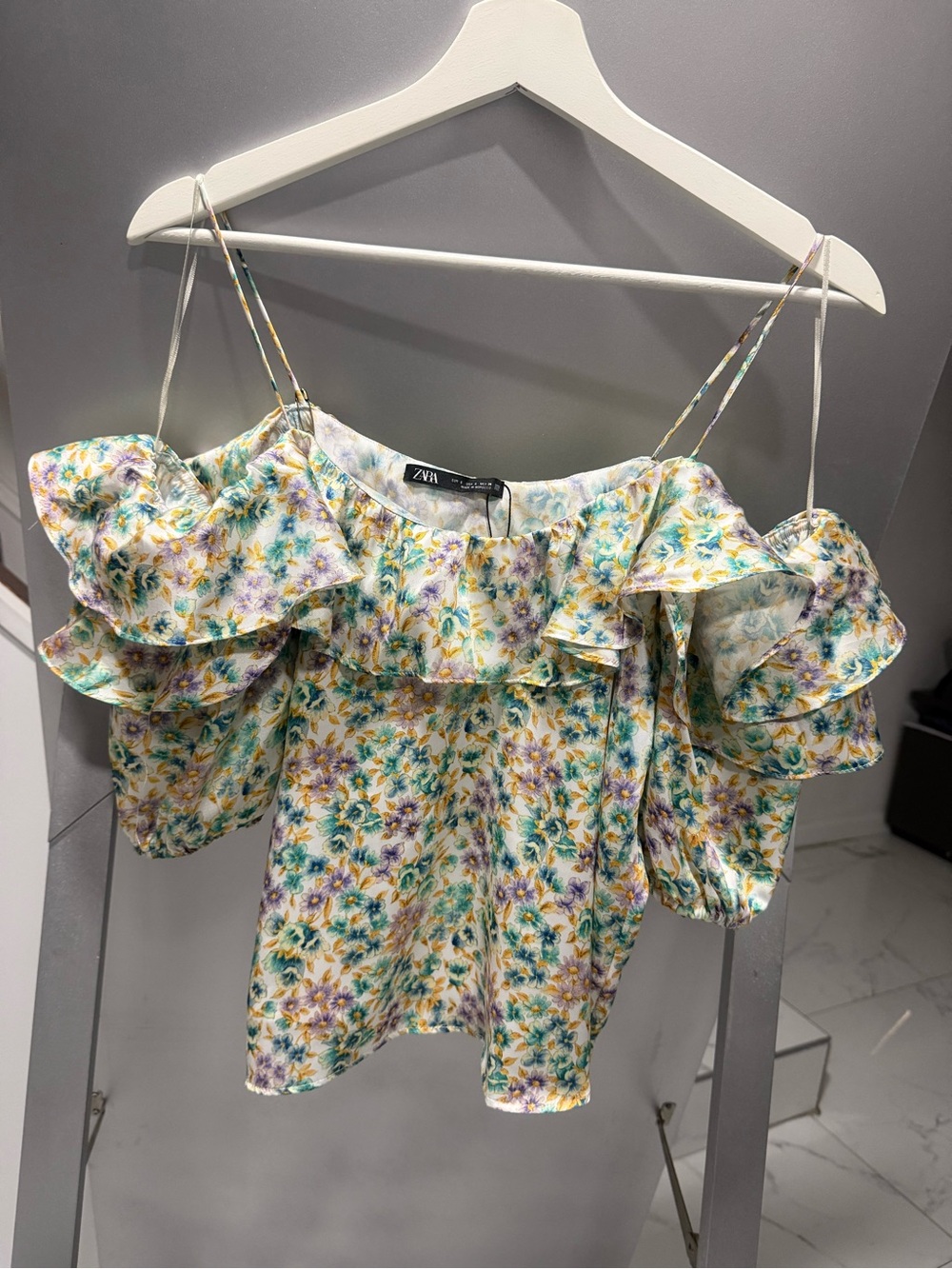 Zara Off-Shoulder Floral Ruffle Top in Yellow, Green, Lilac